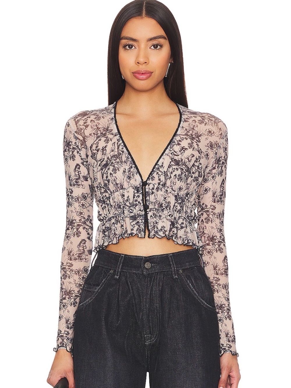 Only hearts Sheer Floral Lace Cropped Cardigan - Beige with Black